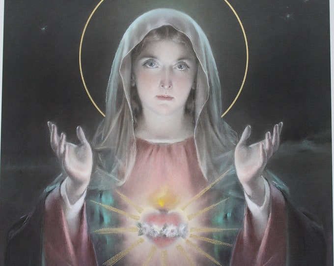 Pristine 17-1/2" Immaculate Heart of Mary Catholic Print Picture Poster ...