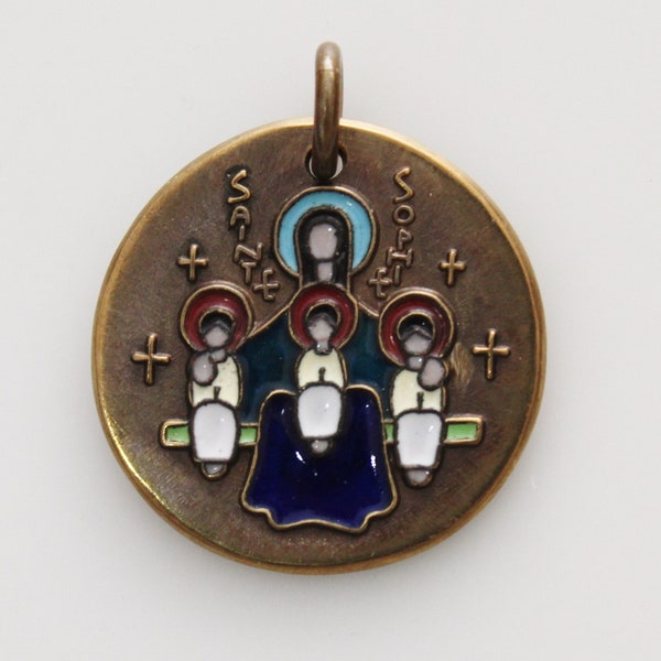 Vintage French Bronze and Enamel Saint Sophia and her Daughters Faith, Hope & Love Medal | Elie Pellegrin
