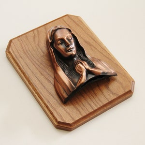 Virgin in Prayer Metal Bust Mounted on Wooden Board