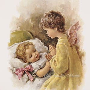 GUARDIAN ANGEL Watching Over a Baby - 8x10 Print Picture Art from Italy