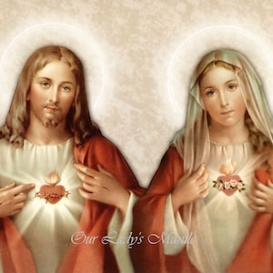 Sacred Heart of Jesus & Immaculate Heart of Mary ~  10x8 Catholic Picture Print - Printed in Italy