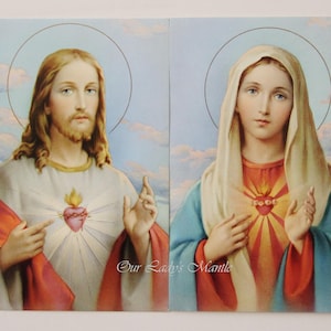 Set of Two Large Holy Cards  Sacred Heart & Immaculate Heart - 3.5&quot; x 5.5&quot; Vintage Catholic Prints Pictures from Italy