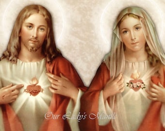 Sacred Heart of Jesus & Immaculate Heart of Mary ~  10x8 Catholic Picture Print - Printed in Italy