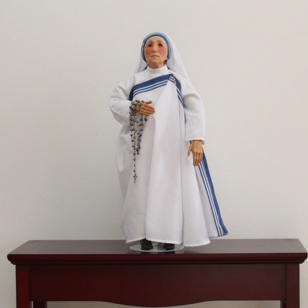 14" Mother Teresa of Calcutta Doll with Stand | Order of the Missionaries of Charity | Brown Glass Eyes