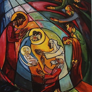 May include: A stained glass window depicting a nativity scene with a central figure of a baby surrounded by figures in a circular pattern. The figures are in shades of red, blue, yellow, green, and brown. The text at the bottom reads "Die im Schatten des Todes wandeln, sehen ein großes Licht (Jesaja 9,1)".