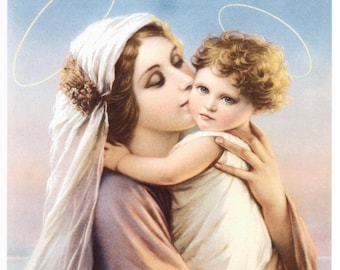 Blessed Virgin Mary with Child Jesus - Madonna & Child 8x10 Art Deco Style Catholic Art Picture Print