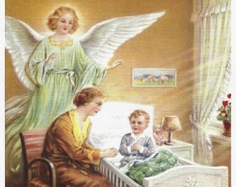 HEILIGE SCHUTZENGEL Holy Guardian Angel with Boy Saying Morning Prayer - 8 x 10 Religious Art Picture Print