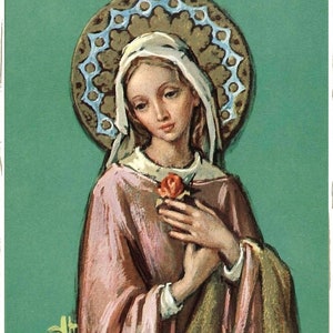 Virgin Mary as the MYSTICAL ROSE Rosa Mystica  - 5 1/2&quot; x 12 1/2&quot; Unframed Vintage Catholic Print Picture from Italy