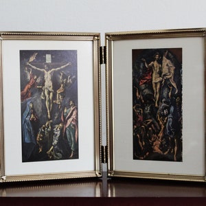 The Crucifixion & The Resurrection Miniature Prints in Bi-fold Goldtone Metal Frame | El Greco