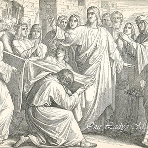 May include: A black and white illustration of a religious scene depicting Jesus raising a man from the dead. The man is lying on a stretcher, and Jesus is standing over him with his hand raised. There are other people in the scene, including a woman kneeling in prayer.
