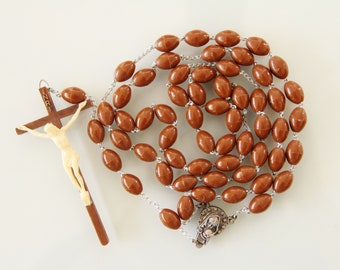 Catholic Family Rosary ~ Jumbo Brown Plastic Beads & Silver Tone Metal Components