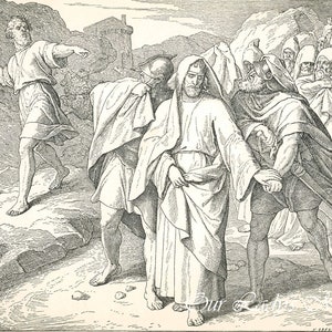 May include: A black and white illustration depicting a scene from the Bible. A man in a robe is being led away by two soldiers. Another man is running away in the background.