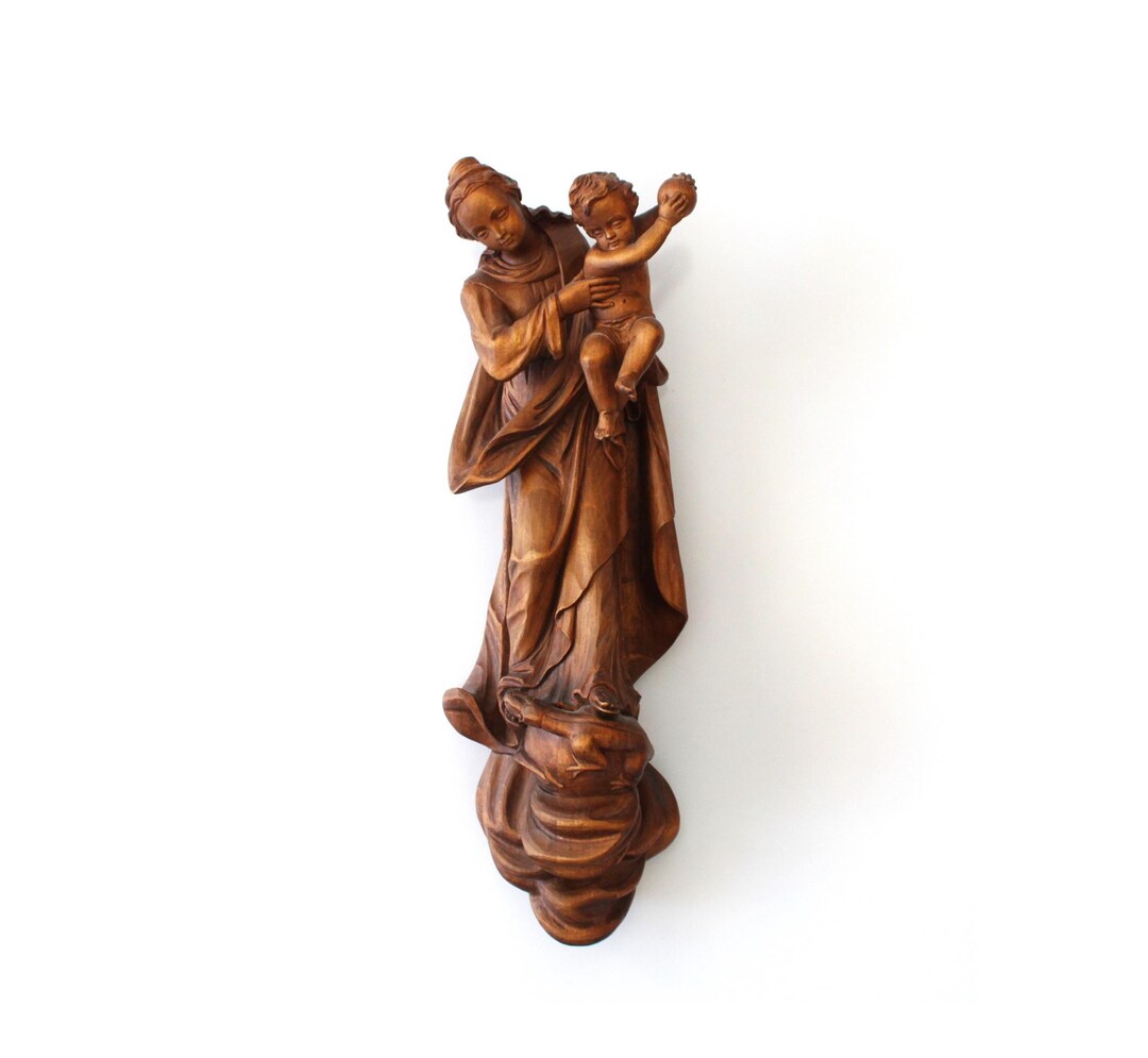 Excellent 18" Hand Carved Wood Madonna and Child Wall Mounted Sculpture ...