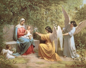 Virgin Mary & Child Jesus with Angels 10 x 8 Catholic Religious Picture Print Art