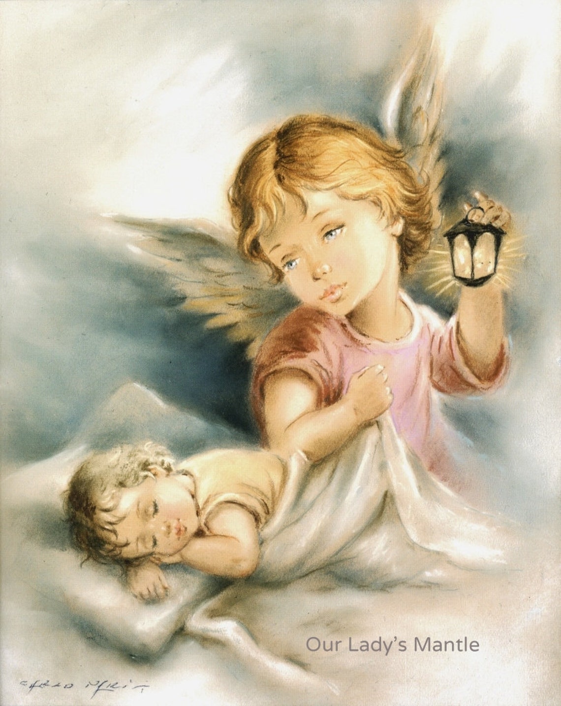 GUARDIAN ANGEL Watching Over a Sleeping Child 8x10 Print Picture Art