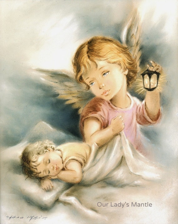 GUARDIAN ANGEL Watching Over a Sleeping Child 8x10 Print Picture Art From  Italy 