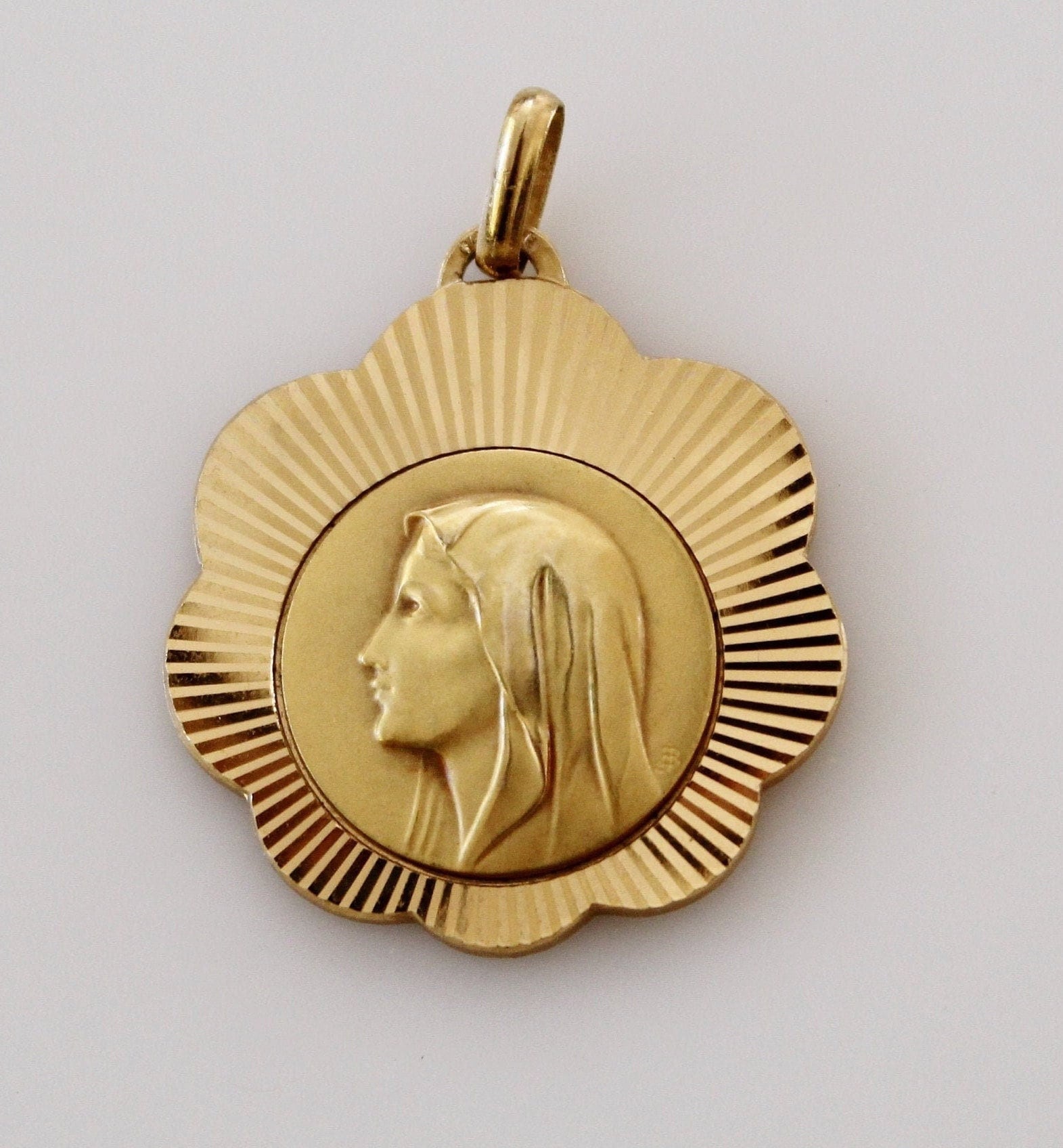 Vintage French Gold Gilt Virgin Mary Medal Pendant picture