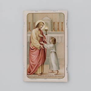 Bouasse Jeune Die Cut French Holy Card &#39;Jesus, Holy Eucharist and A Boy&#39;s First Holy Communion&#39; | In Excellent Condition