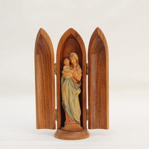 5&quot; Excellent Hand Carved Madonna and Child Statuette in Bullet Shape Shrine | Travel Triptych | ANRI?