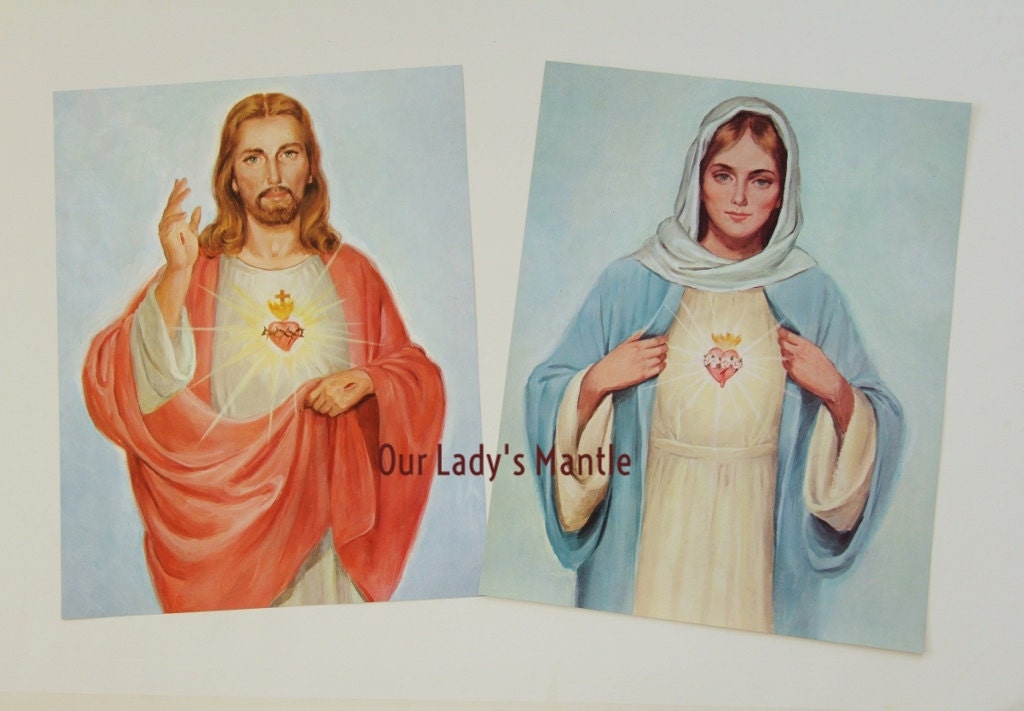 Sacred Heart of Jesus & Immaculate Heart of Mary - Matched Set of Two 11x14 Catholic Prints Pictures Posters - Made in the USA