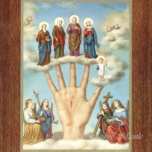 May include: A religious image depicting a large hand with a wound on the palm, surrounded by figures of saints and angels. The hand is holding up a cloud with five figures standing on it. The text "Our Lady's Mantle" is at the bottom of the image.