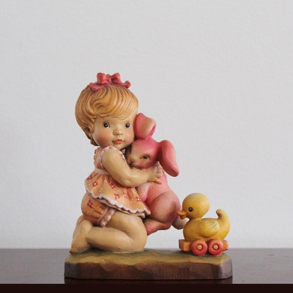 Excellent 6" Anri Sarah Kay Hand Carved Wood 'All Mine' Figurine | Girl with Bunny & Wooden Duck Pull Toy | Limited Edition | Italy