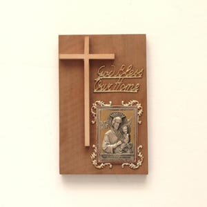 6&quot; Our Lady of Perpetual Help Wood and Brass &quot;God Bless Our Family&quot; Wall Plaque | Made in Italy