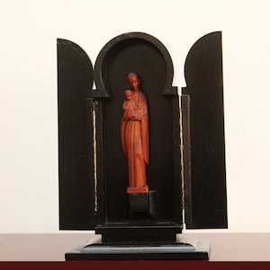 7 1/4&quot; Rare Handcrafted Ebonized Wood Travel Altar Shrine with Miniature Hand-Carved Wooden Madonna and Child | Germany