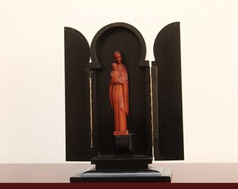7 1/4" Rare Handcrafted Ebonized Wood Travel Altar Shrine with Miniature Hand-Carved Wooden Madonna and Child | Germany