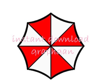 May include: A black and white umbrella with red accents. The umbrella has six points and is a popular symbol.