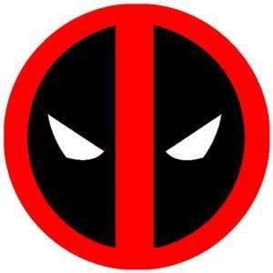 May include: A circular graphic featuring the Deadpool mask. The mask is black with white eyes, set against a red circle with a vertical red stripe down the center. The design is bold and graphic.