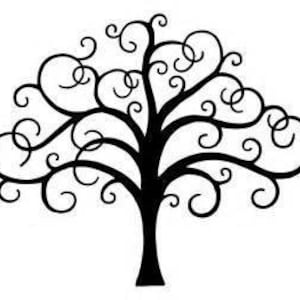 May include: A black and white line drawing of a stylized tree with a thick trunk and many swirling branches.