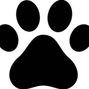 May include: Black paw print with four toes and a large pad in the center.