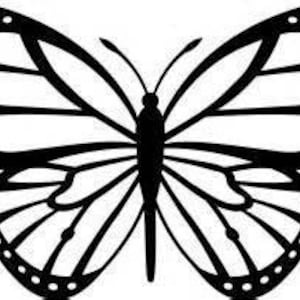 May include: A high-contrast black and white graphic illustration of a butterfly. The design features a symmetrical wing pattern with distinct black veins and circular white spots along the outer edges, centered on a slender black body.