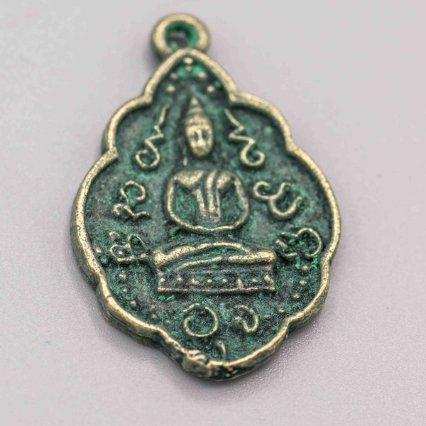 1 Brass Seated Mediation Buddha Amulet with Verdigris Patina 27x42mm Mala Yoga Jewelry Supply SKU-PEN-1