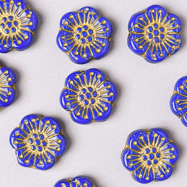 10 Czech 18mm Anemone Flower Glass Beads. Opaque Blue with Gold Inlay Czech Flower  Beads. CZ-82