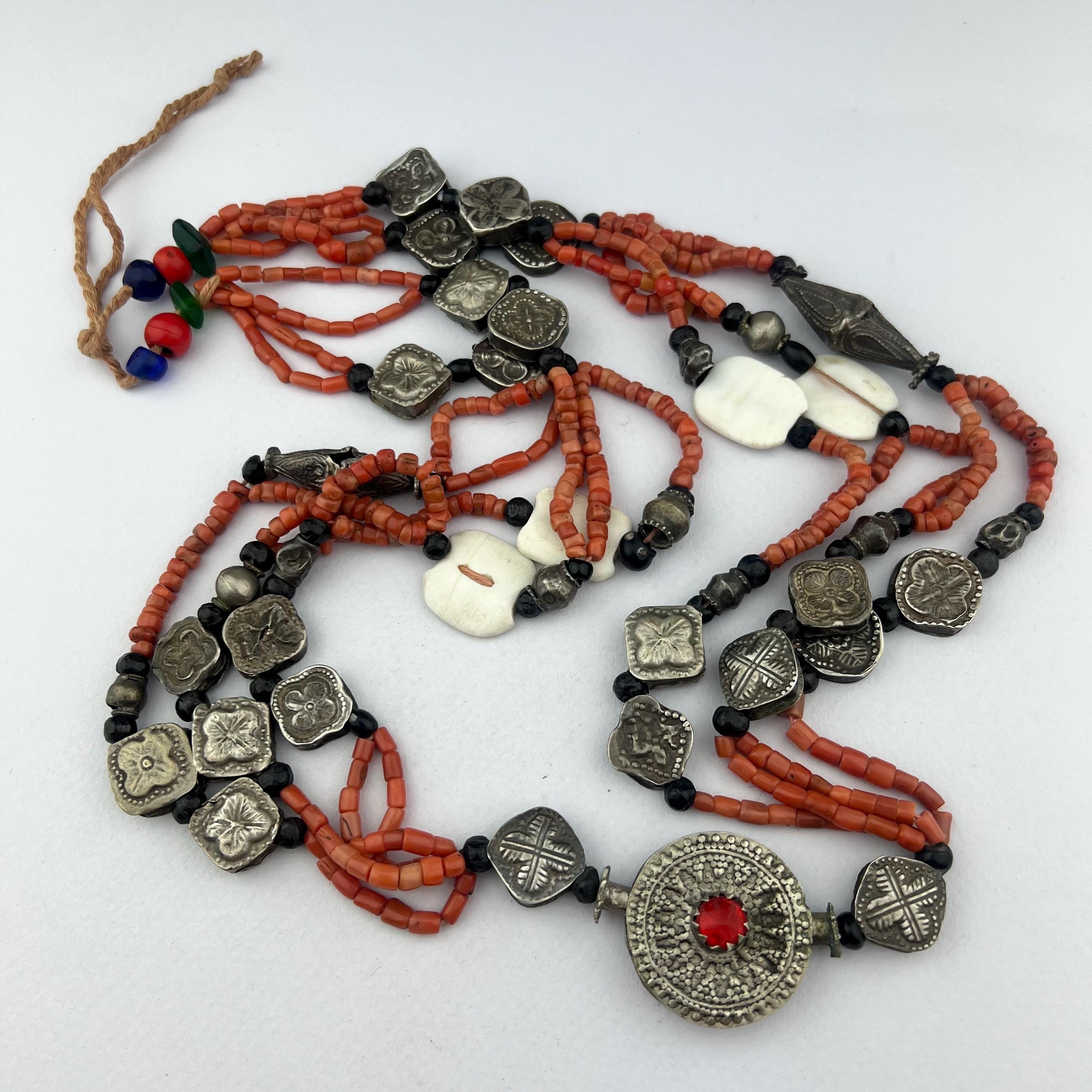 Rare Tajik Wedding Necklace. Antique Uzbek Silver and Coral Tribal