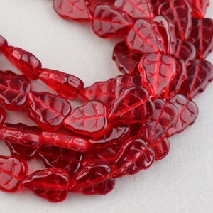 50 Siam Red 12x10mm Leaf Czech beads. Glass Birch Leaf Beads Center Drilled. CZ-562