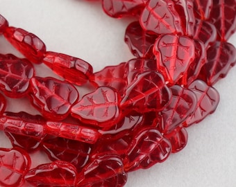 50 Siam Red 12x10mm Leaf Czech beads. Glass Birch Leaf Beads Center Drilled. CZ-562