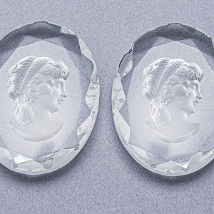 2 Cameo Clear Glass Vintage German Cabochons. Intaglio Grecian Child Cab. CAB-153