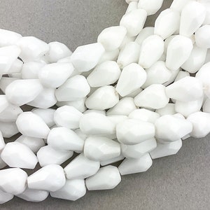 25 White Czech Glass Teardrop Faceted Beads. CZ-516