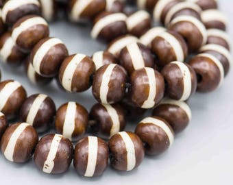 Round Batik Bone Beads Dark Brown with White Stripe 22 Beads on an 8" Strand SKU-BSS-34