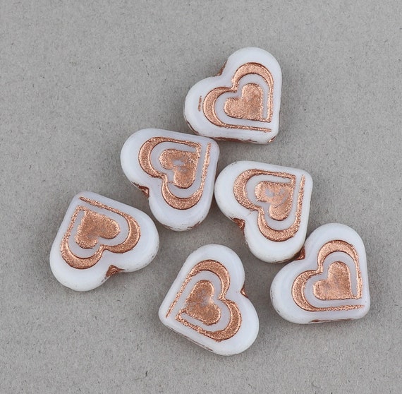 6 Heart Czech Glass Beads Double Heart Beads White With Rose Gold