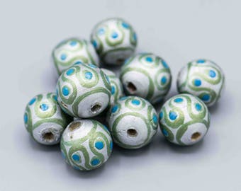 Hand Painted Wood Beads 15mm Round Beads a Set of 10 SKU-PW-1