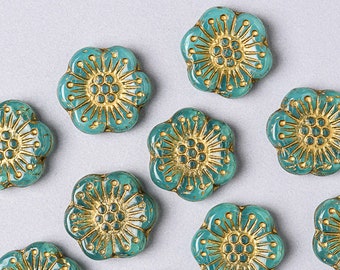 10 Czech 18mm Anemone Flower Glass Beads. Aqua Opal with Gold Inlay Czech Flower Beads. CZ-81