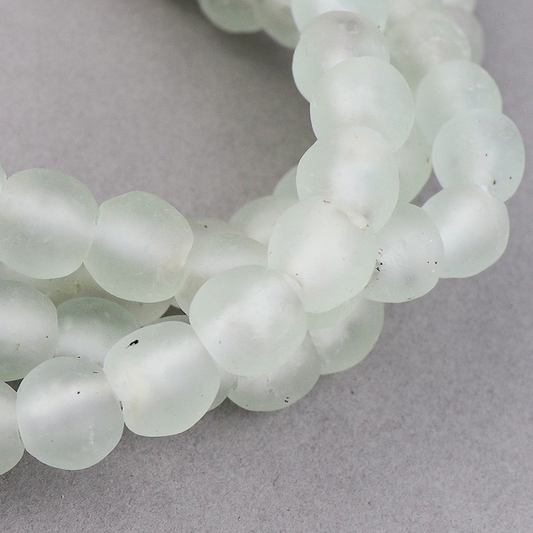 50 African Recycled Glass. 10mm Pale Green Matte Clear Krobo Glass Beads. RG10-42