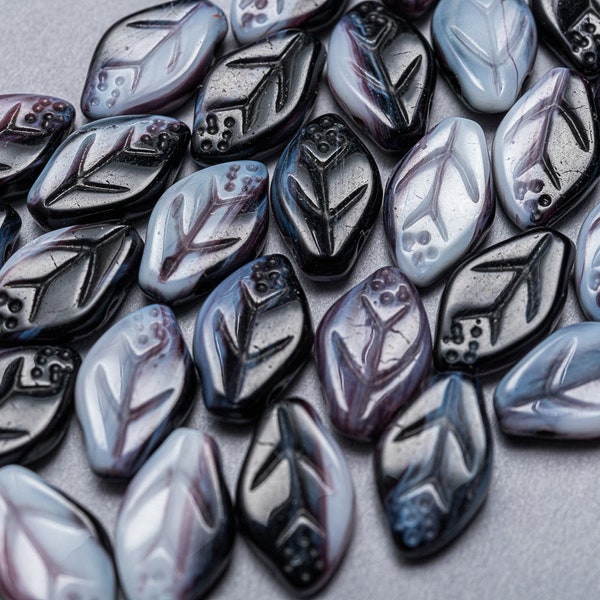 50 Czech Glass leaves.  Black Gray leaf beads. CZ-35