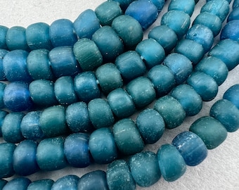 Java Tradewind Beads.  Small Matte Mottled Teal Blue Colored Glass Java Beads. GLS-127