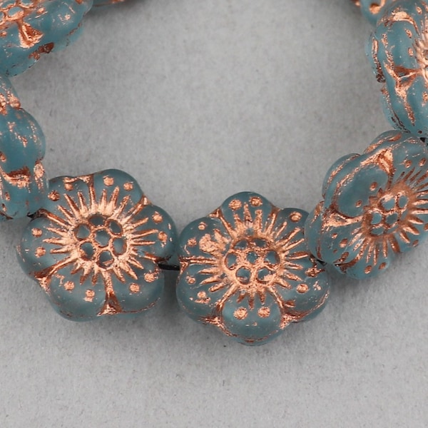 10 Czech 14mm Anemone Flower Glass Beads.  Transparent Teal with Gold Inlay Czech Flower Beads. CZ-526
