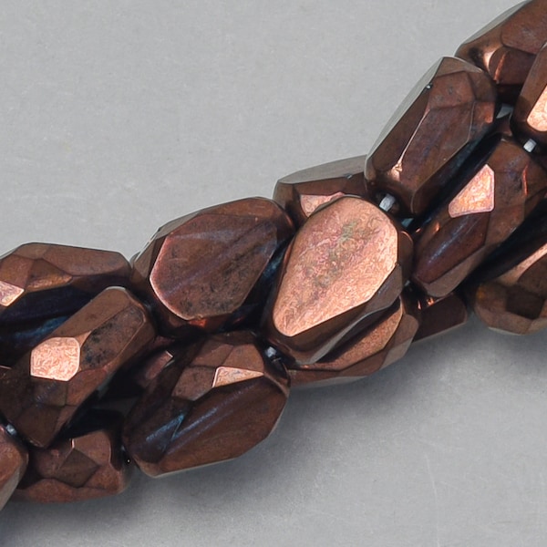 50 Copper Metallic Teardrop Czech Beads. Faceted Teardrop Beads. CZ-15